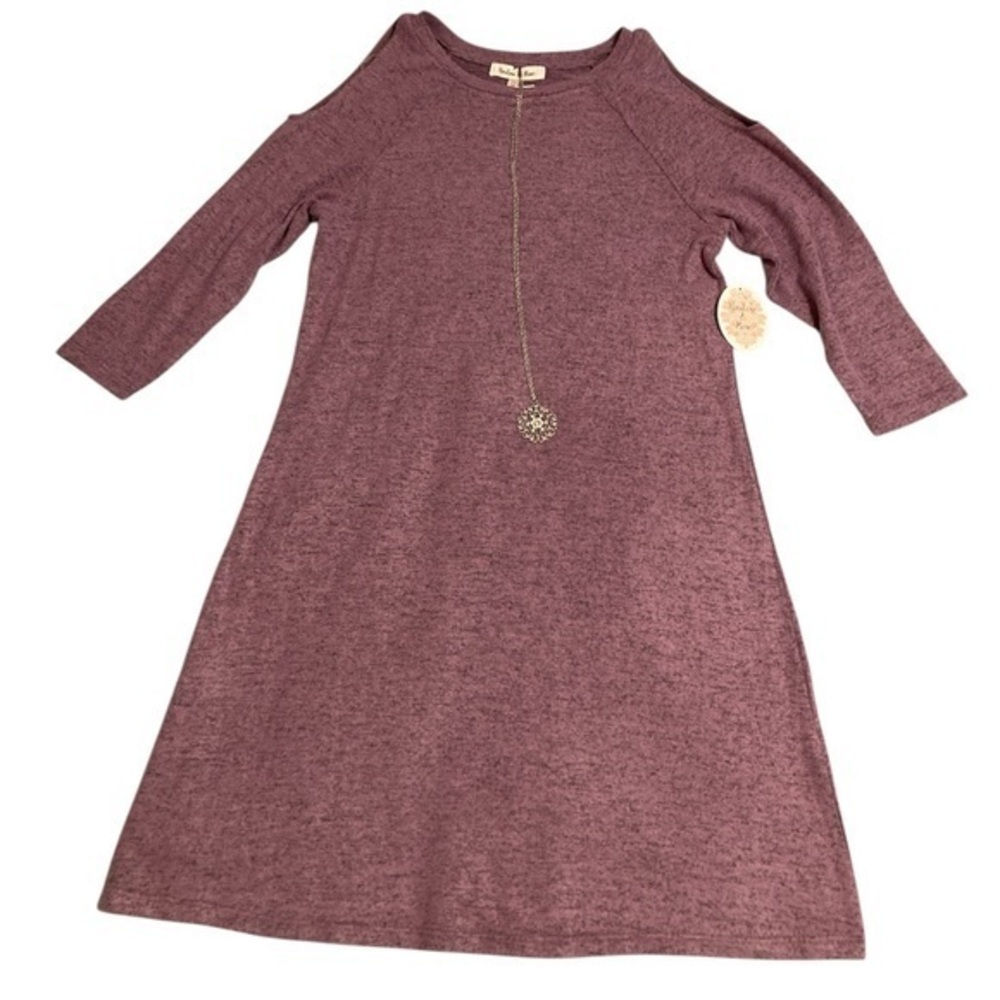 NWT knit dress & pendant necklace set M heathered purple Cold shoulder swing